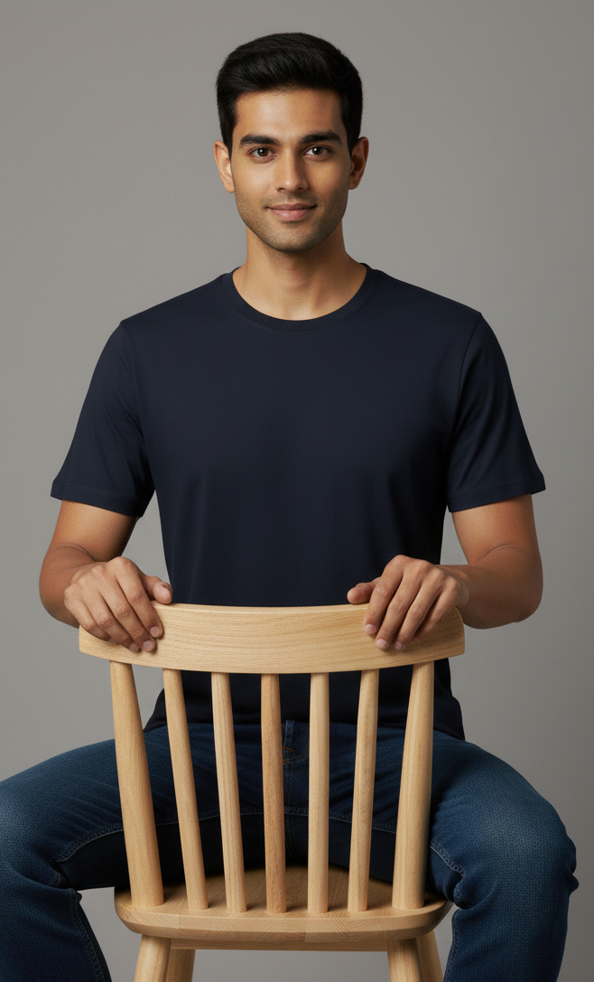 Limitless State Plain Cotton Round Neck T-Shirt - Navy Blue