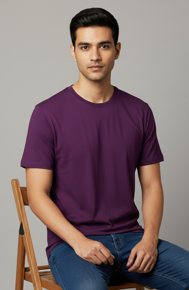 Limitless State Plain Cotton Round Neck T-Shirt - Purple