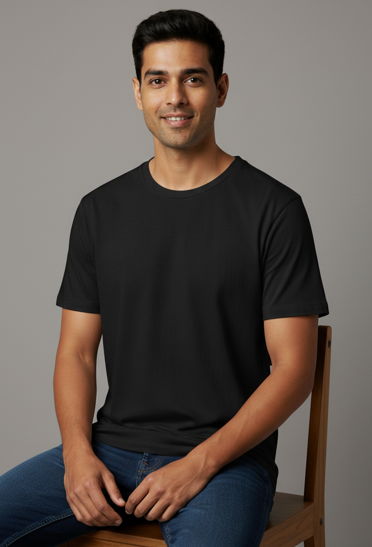 Limitless State Plain Cotton Round Neck T-Shirt - Black