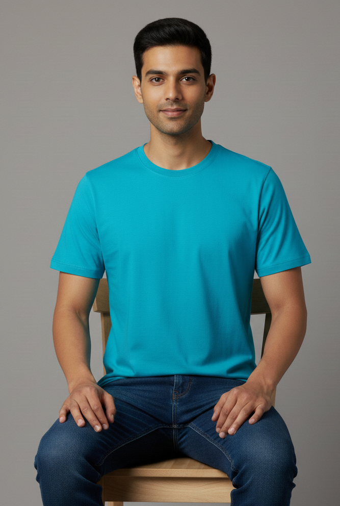 Limitless State Plain Cotton Round Neck T-Shirt - Skyblue