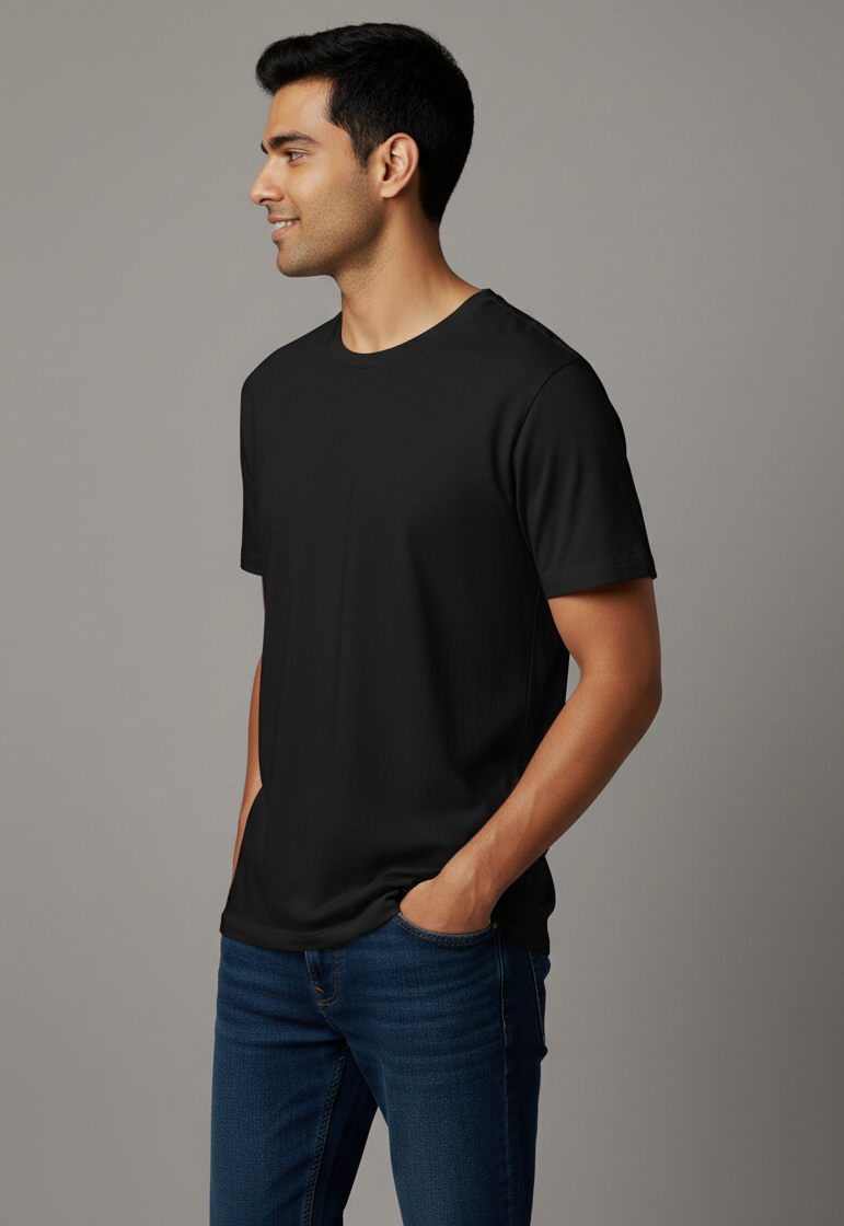 Limitless State Plain Cotton Round Neck T-Shirt - Black